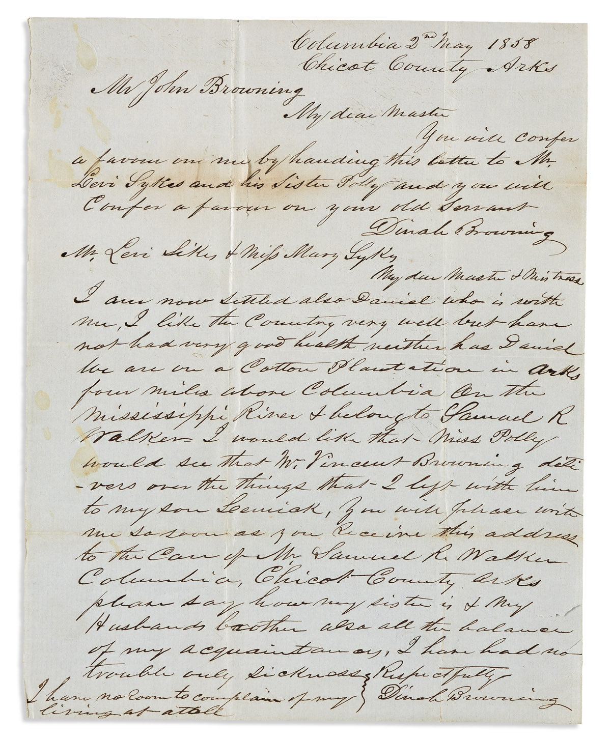 (SLAVERY & ABOLITION.) Dinah Browning. An enslaved womans letter to her former master.